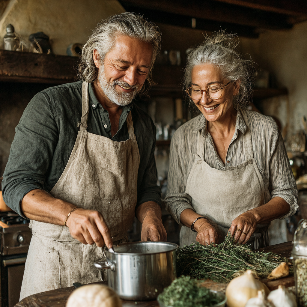 A cheerful couple in their early 50s cooking together in a sunny kitchen, the man with silver temples stirring a pot while the woman with reading glasses chops fresh herbs, both wearing casual linen aprons