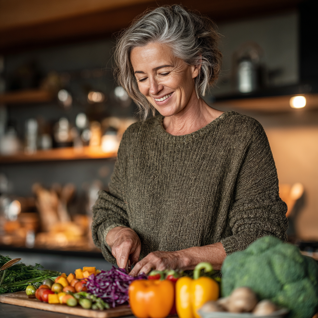 A smiling woman in her late 40s with short gray-streaked hair preparing a colorful vegetable salad in a modern bright kitchen, wearing a casual olive sweater